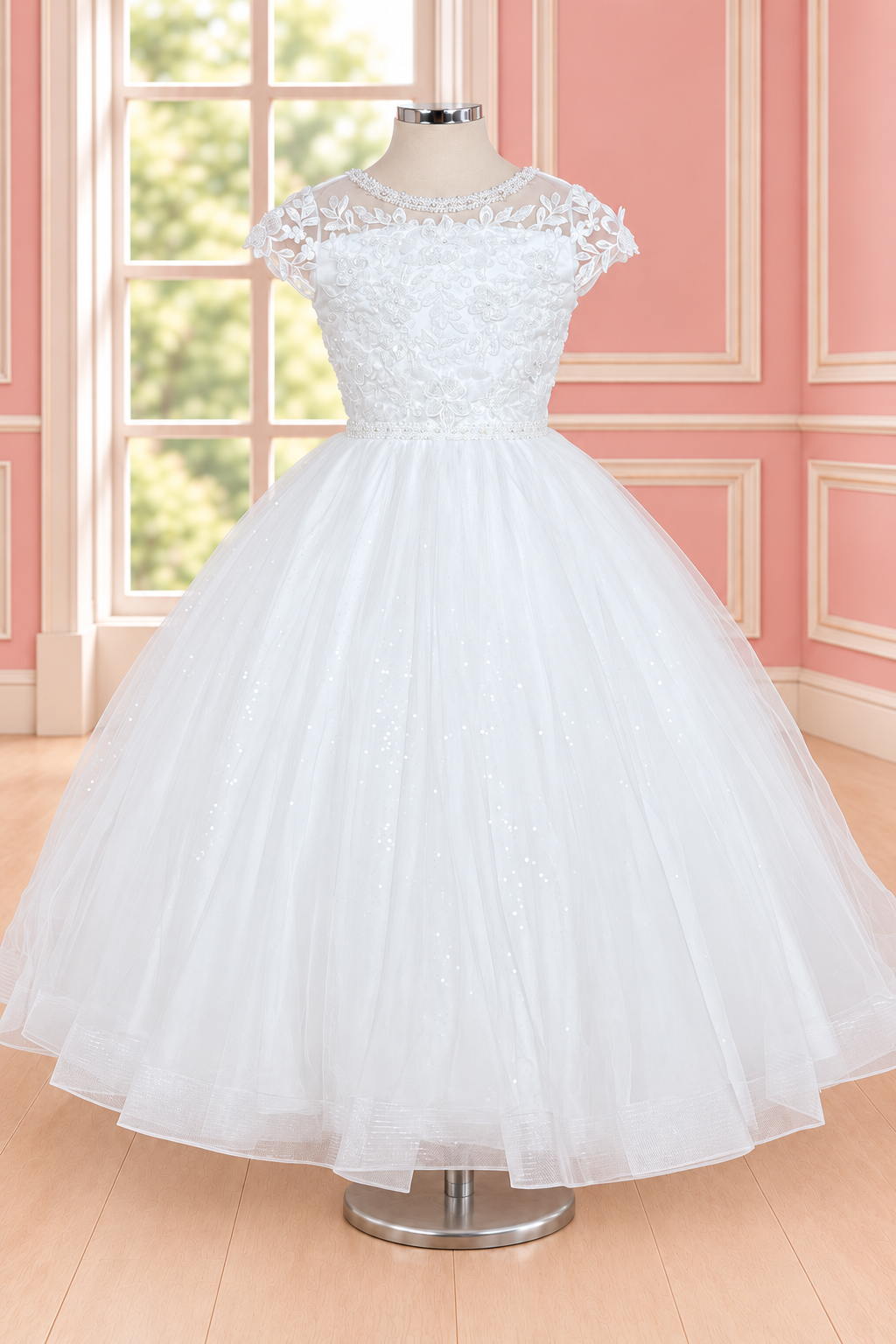 Paula's Communion Dress PJ63/MK is a white First Holy Communion gown with layered floral embroidery and appliqué across the bodice. A pearl-edged sheer neckline and embroidered cap sleeves frame the front, while a delicate pearl waistband leads into a full, softly sparkling tulle skirt. At the back, a pearl-framed floral V insert closes neatly with a zip up the centre. A generous satin bow with long embroidered pointed tails completes the look.